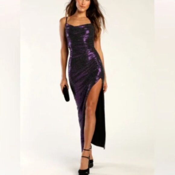 LULUS Glow Goals Black & Purple Sequin Cowl Neck Maxi Dress Party/Cocktail L NWT - Picture 1 of 9